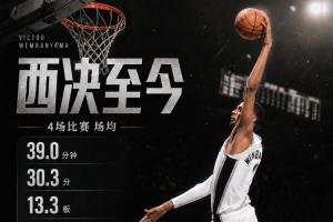 文班西决至今场均30.3分13.3板4.3助3帽 三项命中率53/43/88%